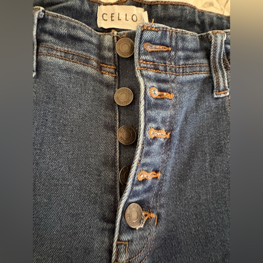 Cello Women's Mid-Blue High-Rise Flare Jeans exposed button fly raw hem sz 28 - Picture 8 of 14